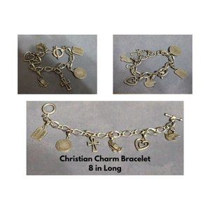 Christian Charm Bracelet 8 in Cross Heart Dove Prayer Hands Commandments